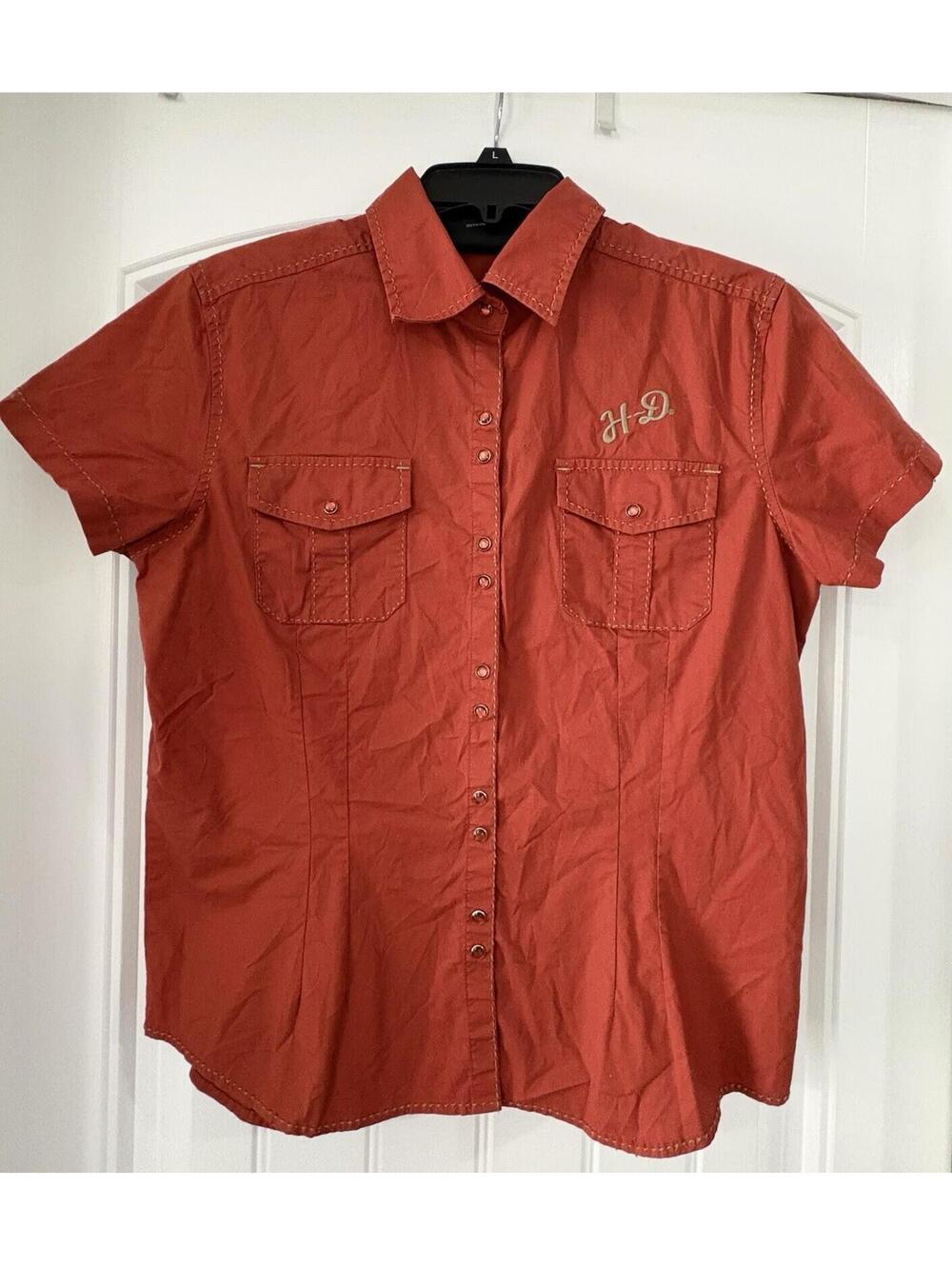 Harley Davidson Women’s Medium Shirt Rust Orange Embroidered Button Up